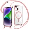 Pnakqil Magnetica Cover con Cordino per iPhone 14 Plus, Compatibile con Magsafe Ricarica Wireless, Trasparente Placcatura Disegno Custodia con Collana con Regolabile Laccio Tracolla, Rosa