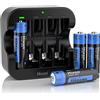 Hixon Batteria al litio AA ricaricabile da 1,5 V, 3500 mWh ad alta capacità, uscita costante con corrente di scarica massima 3 Amp, 4 batterie AA e caricatore nero 2H Ultra Fast Type-C