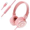 Bywulanda Cuffie per bambini con luci LED per la scuola, cuffie USB tipo C per bambini con microfono, limitatore di volume 85/94 dB, cuffie cablate per ragazzi/ragazze/tablet/viaggi, rosa
