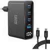 TOPADRE Caricabatterie USB-C da 100 W, adattatore di alimentazione USB-C con due cavi da 2 m e display LED, caricabatterie rapido multiporta GaN a 4 porte per iPhone 16,15, MacBook Air e Galaxy. Nero