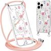 Krdvekm Cordino Cover per iPhone 13 Pro 6,1'', Aesthetic Fiori Motivo Disegno Magnetica Trasparente PC Compatibile con MagSafe Case Corda Laccio Antiurto Protettiva Custodia per Ragazze, Rosa