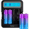 Pallus Batteria Ricaricabile Al Litio AA Da 1,5V, 3500mWh Ad Alta Capacità Con 1600 Cicli, 4 Batterie Al Litio AA Con Caricabatterie LCD Nero