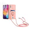 Kaslly Cover Compatibile con Samsung Galaxy A30S/A50S/A50+[2 Vetro Temperato],Slot Schede,360°Magnetica Anello,Protezione Fotocamera,Cordino Collana Necklace Silicone Case-Rosa