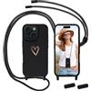 Anfire Cover compatibile con iPhone 15 con Cordino, MoEvn Custodia con Regolabile Laccio Collana Morbida TPU Silicone Cover con Motivo Cuore Antiurto AntiGraffio Protettiva Case per iPhone 15 6.1, Nero