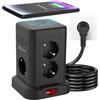 PABANCE Tour d'Alimentation Mutiport 11n 1 avec 3 Ports USB-A,1 Port USB-C et Zone de Recharge Sans Fil, Protection Contreles Surtensions, Rallonge de2 m pour Bureau a Domicile