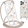 Krdvekm Cordino Cover per iPhone 15 Pro Max 6,7'', Aesthetic Fiori Motivo Disegno Magnetica Trasparente PC Compatibile con MagSafe Case Corda Laccio Antiurto Protettiva Custodia per Ragazze, Marrone