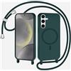 TQmchun Cover Magnetica per Samsung Galaxy S25,Compatibile con MagSafe,TPU Corda Liquido Silicone Protettiva Case Regolabile Lanyard Tracolla Case,Verde scuro
