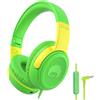 RockPapa Share 1 Cuffie per Bambini, Cuffie con Filo e Microfono per Bambina Ragazzi, 85/94dB Limitatore di Volume, Funzione Condivisione, Cuffie Pieghevoli per Scuola/Telefono/PC, Verde Giallo