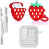 LEWOTE Custodia protettiva 3 in 1 compatibile con Apple AirPods (2a/1a generazione) custodia protettiva divertente con kit di pulizia e portachiavi (fragola 3D)