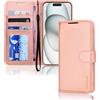 TECHGEAR Custodia a portafoglio in pelle per iPhone 15 Plus, custodia protettiva con porta carte di credito, supporto e cinturino da polso, in pelle PU oro rosa con chiusura magnetica, progettata per