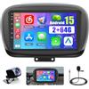 Hikity 2+64G Android Autoradio per Fiat 500X 2014-2020, CarPlay/Android Auto Senza Fili, 9 Pollici Schermo Tattile Bluetooth Stereo, Navigazione GPS, FM RDS Radio, WiFi, SWC, Telecamera Posteriore