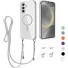 Beajew Cover Magnetica per Samsung Galaxy S25 Plus con Regolabile Rimovibile Corda da Collo Catena Collana [Compatibile con MagSafe] Clear Case con Cellulare per Galaxy S25 Plus, Grigio