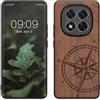 kwmobile Custodia Compatibile con Xiaomi Redmi Note 14 PRO+ 5G / Redmi Note 14 PRO Plus 5G Cover - Back Case in Legno con Bumper in Silicone TPU - Bussola Vintage Marrone Scuro
