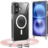 OUBELI Cover per iPhone 16 con Cordino, Compatibile con MagSafe, Custodia Trasparente Ultra Sottile con Collare Regolabile Magnetico Cover, Cordino oro rosa
