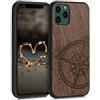 kwmobile Custodia Compatibile con Apple iPhone 11 Pro Cover - Back Case in Legno con Bumper in Silicone TPU - Bussola vintage marrone scuro
