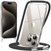 caslord Trasparente Cover con Cordino per iPhone 15 Pro | 1,6 m Regolabile | Antiurto | Anti-ingiallimento | Anti-Graffio | Nero