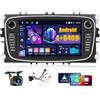 Fuluku Autoradio Android 4+64G per Ford Focus C-Max S-Max Mondeo Kuga Galaxy con Carplay Wireless&Android Auto, Stereo Auto 7''Touch Screen con Bluetooth 5.0/GPS/Telecamera di Retromarcia/FM/Wifi/SWC