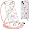 Krdvekm Cordino Cover per iPhone 15 6,1'', Aesthetic Fiori Motivo Disegno Magnetica Trasparente PC Compatibile con MagSafe Case Corda Laccio Antiurto Protettiva Custodia per Ragazze, Rosa