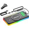 Aubenai - Caricabatterie magnetico wireless per auto, 15 W, RGB, con cavo di prolunga da 70 cm, compatibile con caricabatterie Magsafe iPhone 16, 15, 14, 13, 12, caricabatteria da auto USB-C/A da 20 W