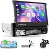 LEXXSON Autoradio 1 DIN con schermo, touch screen da 7 pollici con schermo retrattile con CarPlay Android Auto Telecamera posteriore Bluetooth Comandi al volante Radio FM USB-C AUX TF