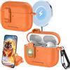 Ysnzaq Custodia per AirPods Pro 3 con Clip di Bloccaggio e Funzione di Supporto, in Pelle Trama, Custodia Protezione Completa del Corpo con Moschettone per AirPod Pro 3 Generation-PWZ Orange
