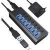 GKEAPZA Hub USB Active 3.0, distributore USB a 7 porte e 1 ricarica intelligente con 5 V/3 A, splitter con interruttore individuale e cavo da 1,2 m per PC/laptop.
