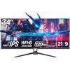 Gawfolk Monitor 34 Pollici IPS, 2560x1080 DFHD, 120Hz, FreeSync, 21:9, per PC e Video Gaming, HDMI DisplayPort, Montaggio VESA 75x75mm, Nero