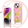 Krdvekm Cover per iPhone 14 / iPhone 13 6,1'' con Cordino, Aesthetic Fiori Motivo Disegno Rosa Silicone Case Corda con Regolabile Laccio Antiurto Antigraffio Bumper Protezione Custodia per Ragazze