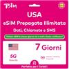 TSIM USA eSIM 7 giorni. Dati ad alta velocità illimitati, chiamate e SMS locali negli USA (Hawaii incluse). Ricevi l'eSIM via e-mail lo stesso giorno e attivala subito, senza attendere il pacco.