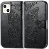 Mixroom - Custodia Cover per iPhone 13 in Pelle Ecopelle a Libro Portafoglio con Stand Nero Intaglio Farfalla Chiusura a Linguetta Magnetica