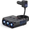 ROCKETEK Sdoppiatore Accendisigari Auto 180W Con 3 Prese e 4 USB, 12/24V Caricatore 9in1 USB C Splitter Con Voltmetro LED per iPhone/Samsung GPS Dash Cam