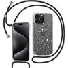 Tikgue Cover per iPhone 15 Pro, Custodia con Cordino Silicone Glitter Brillantini Trasparente Morbida Cover con Collana Sottile Protettiva Bumper Antiurto TPU Case - Nero