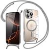 Pnakqil Magnetica Cover con Cordino per iPhone 16 Pro Max, Compatibile con Magsafe Ricarica Wireless, Trasparente Placcatura Disegno Custodia con Collana Laccio Tracolla per iPhone 16 Pro Max, Argento