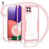 Woijrly Cover per Samsung Galaxy A22 5G con Cordino,360 Gradi Antiurto Trasparente Custodiacon con Protezione Schermo Integrata,Bumper Rugged Custodia con Regolabile Tracolla Corda Collana-Rose