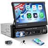 SIXTOP Autoradio 1 Din con CarPlay Android Auto Wireless, Autoradio Bluetooth da 7 Pollici Schermo Ribaltabile con SWC/USB/FM + Telecamera di Retromarcia + Microfono