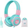 SIMOLIO Cuffie per bambini, con limitatore di volume 75dB / 85dB / 94dB, cuffie pieghevoli per bambini, con microfono e porta di condivisione - Pink&Mint