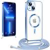 CaseLover Cover Magnetica compatibile con iPhone 15 con Cordino, Blu | Compatibile MagSafe, Custodia con Laccio Collana Tracolla Collo, Trasparente Placcatura Silicone, Antiurto Protettiva Case