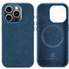 AKANTRA - Custodia Alcantara per Apple iPhone 15 Pro MAX, realizzata a mano, completamente avvolta in pelle sintetica, compatibile con la ricarica wireless mag-Safe (iPhone15 Pro MAX, blu marino)