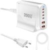 QUTIASE Caricatore USB C 200W, 6 Porte (4C+2A) Caricabatterie Rapido GaN III, Stazione di Ricarica USB, Alimentatore PD + QC per iPhone, iPad, MacBook Pro, Laptop - Bianco con Cavo USB C da 1,5m 100W