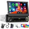 Hodozzy Autoradio 1 Din Con Schermo Retrattile con Carplay Senza Fili Android Auto, 1 Din 7 Pollici Touchscreen Stereo per Auto con Bluetooth, Radio FM, Video Online, EQ, Supporto USB/Tipo-C e Telecamera