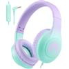 RockPapa C24 Cuffie per Bambini con Cavo, Microfono HD, Leggero, Pieghevole, On-Ear Stereo Bass Cuffie per Scuola/Viaggi/Telefono, Lilla Turchese Gradiente