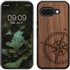 kwmobile Custodia Compatibile con Google Pixel 9a Cover - Back Case in Legno con Bumper in Silicone TPU - Bussola Vintage Marrone Scuro