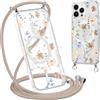 Krdvekm Cordino Cover per iPhone 13 Pro Max 6,7'', Aesthetic Fiori Motivo Disegno Magnetica Trasparente PC Compatibile con MagSafe Case Corda Laccio Antiurto Protettiva Custodia per Ragazze, Marrone