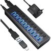 GKEAPZA Hub USB 3.0 in alluminio, 10 porte, hub dati USB 3.0 con adattatore di alimentazione da 12 V/4 A (48 W) e interruttori on-off individuali e LED