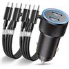 Tepow Caricabatterie Auto USB C, 60W PD Caricabatterie Auto USBC Presa Adattatore Accendisigari USB Carica Batteria per Auto Cellulare con 2x Cavo USBC per Samsung Galaxy S25 S24 S23,iPhone 17 16 15 Pro