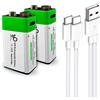Yangers Confezione da 2 batterie Ricaricabili agli ioni di Litio PP3 6F22 9 V 650 mAh con Doppio Caricatore USB C per rilevatori di Fumo, Microfono, multimetri, giocattol