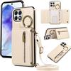 YANJIEER ESONG Cover per Samsung Galaxy A22 5G Portafoglio Case con Cordino Cinturino e Ring,Custodia A Libro In Pelle Flip Cerniera,Caso per Donna Con Porta Carte,Magnetica,Supporto Beige