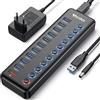 WENTER Hub USB Powered, hub splitter USB a 11 porte (10 porte di trasferimento dati e 1 porta di ricarica intelligente) con switch LED On/Off, USB Hub 3.0 alimentato con adattatore di alimentazione per Mac