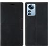 OKZone Cover per Xiaomi 12/12S/12X, Custodia Flip Pelle Portafoglio Magnetica Libro con Slot Schede, Slim Silicone TPU Bumper Wallet Supporto Case Antiurto Cover(Nero)