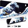 Owege Tappetino per mouse da gioco XXL 800 x 300 mm, Giappone Art Kanagawa Surf e nero, tappetino per mouse grandi bordi cuciti, impermeabile, antiscivolo, per PC, MacBook, laptop